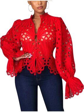 🆕Women’s Dark Red Lace Ruffle Puff Long Sleeve Button Down Tops Flare Tunic
